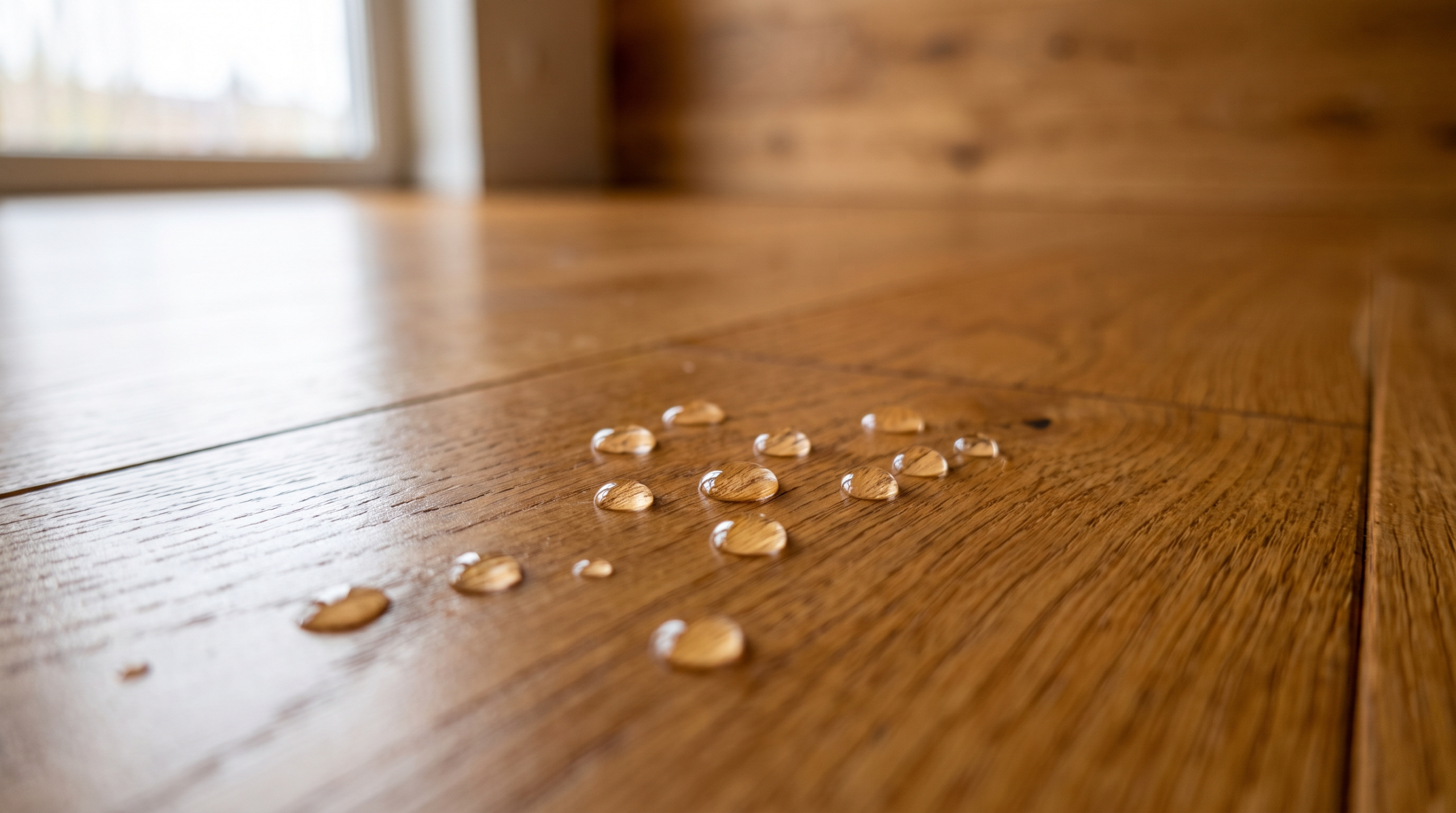 Water droplets and moisture detail on a wood surface